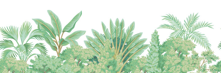 Park trees, tropical palms, plants seamless border. Botanical landscape mural. © good_mood