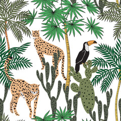 Fototapeta premium Cheetah animal, toucan, cacti, tropical palm seamless pattern white background. Exotic Hawaiian jungle wallpaper.