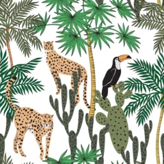 Cheetah animal, toucan, cacti, tropical palm seamless pattern white background. Exotic Hawaiian jungle wallpaper. © good_mood