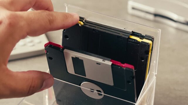 Floppy disc FDD close up, Using diskette for old PC computer macro. Archive programme or Music recorder, playing retro computer games. Vintage device for office, obsolete technology. 