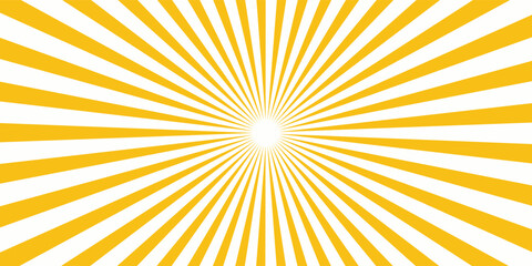 Bright yellow and white sunburst background with symmetrical radial rays radiating from the center, creating a dynamic and energetic retro-style pattern ideal for advertising, posters, and templates.