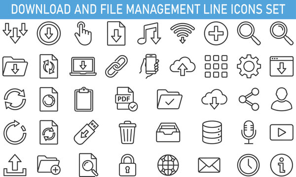 download and file management line icons set, cloud storage sharing symbols including upload sync link folder database media and digital interface elements