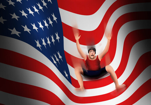 An illegal immigrant is seen being ejected from the USA as if he were slipping down a waterslide. This is a 3-d illustration.