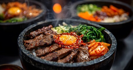 Fototapeta premium Dynamic AI artwork of a steaming, richly composed rice bowl featuring beef, fresh vegetables, and a raw egg yolk.