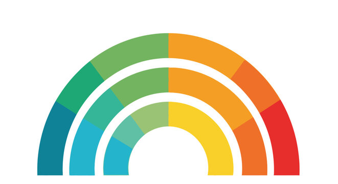 Vibrant graphic rainbow illustration with concentric arcs and segmented colors, a modern abstract design element representing diversity and joy.