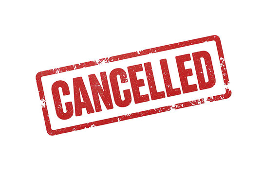 Cancelled rubber stamp marking an event, booking, or order as rejected, failed, or invalid on transparent background