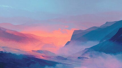 Obraz premium Pastel mountain valley glowing with misty sunrise colors