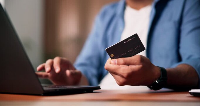 Hands, person and credit card with laptop in office for ecommerce, online payment and copywriting. Employee, pc and bank information for purchase, finance security and password for submission fees