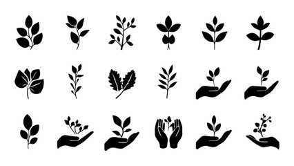 Fototapeta premium Set of Nature and Plant Growth Icons - Leaf Silhouettes, Hand Cradling Sprout, and Organic Garden Symbols for Eco-Friendly Design.