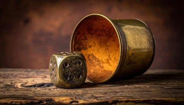 A beautifully aged brass dice cup with a worn leather lining and a matching six-sided die rests on a rustic wooden surface, capturing the spirit of classic games.