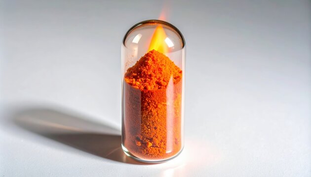 A small sample of vibrant red allotrope phosphorus reacting with a bright flame, isolated in a glass vial during a chemistry experiment.