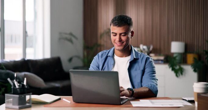 Laptop, reading and man with smile for remote work in home, data entry and update records for bookkeeping. Review, info maintenance and auditor with pc to verify documents, typing and freelancer