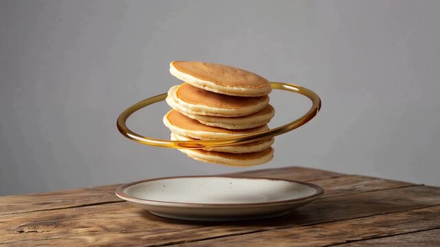 Surreal levitating stack of pancakes encircled by a golden ring above a ceramic plate on rustic