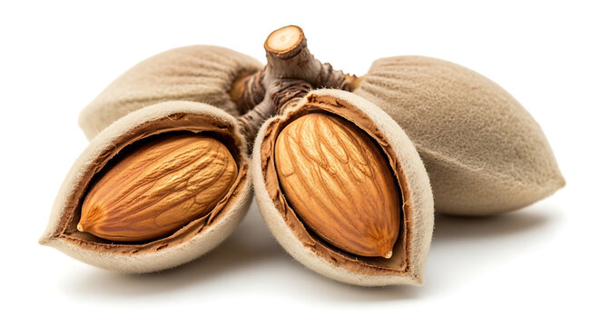Fresh whole almonds in shell with one almond cracked open revealing the kernel inside, isolated on white background, vitamin e