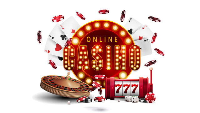 Bright casino sign with glowing lights and playing cards. Roulette wheel and slot machine in foreground. Dice and poker chips surround the central display.  