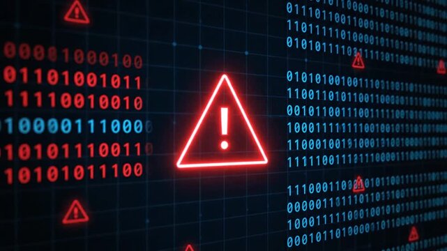 Warning Sign Appears Amidst Binary Code on Dark Background Screen