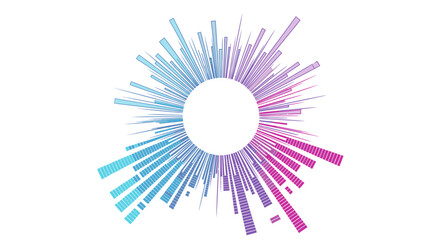 Obraz premium Abstract radial burst of blue and pink lines emanating from a central white circle, representing sound or data visualization