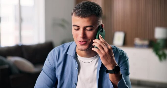 Phone call, speaking or man with laptop for remote work, site feedback or homepage optimization plan. Home, web traffic growth or seo specialist with tech for smile, freelancer or explain backlinks