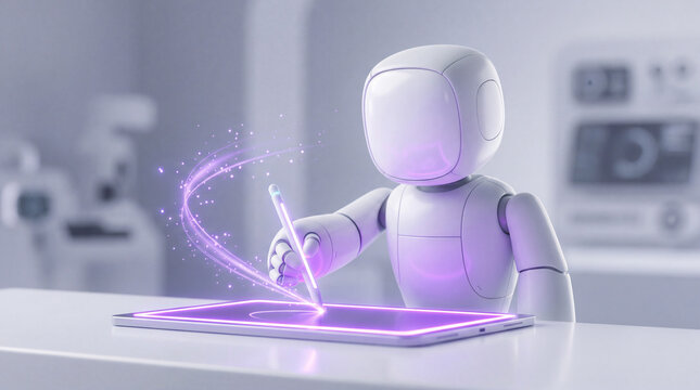 3D robot sitting at a desk drawing on a digital tablet with a stylus. Artificial intelligence character creating glowing purple digital art