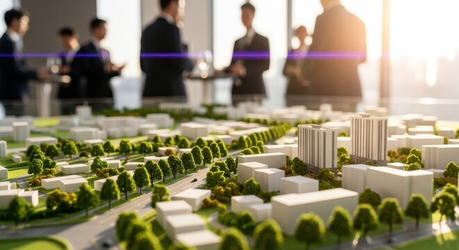Architectural scale model of a city in focus with blurred silhouettes of business people meeting in the background. Real estate development and urban planning concept.