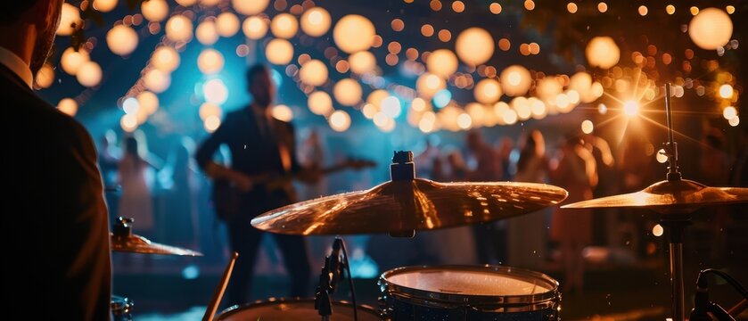 Close-up of a drum kit cymbal in focus during a live band performance. Blurred background of musicians, a dancing crowd, and warm glowing string lights bokeh. Outdoor concert or wedding party concept.