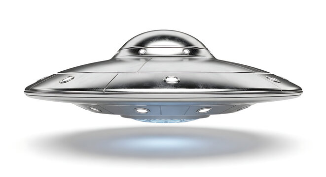 Silver ufo flying saucer spaceship hovering with glowing bottom light and shadow with science fiction