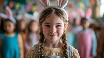 Fototapeta premium A young girl wearing bunny ears smiles in front of her classmates on Easter.