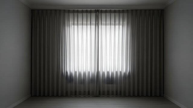 Minimalist room interior with sheer grey curtains drawn across a large window, creating a soft, diffused light.