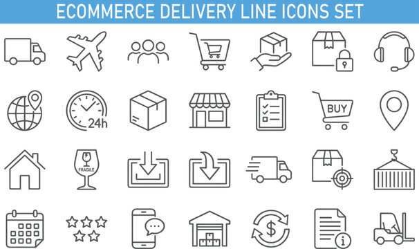 ecommerce delivery line icons set, online shopping logistics symbols collection, shipping package tracking store icons, modern thin line ecommerce delivery vector icon pack