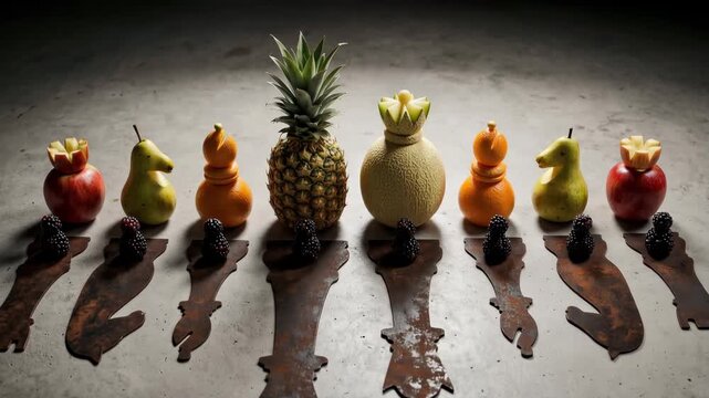 Surreal chess set composed of assorted fruits with crowns and rusty metal silhouette pieces on