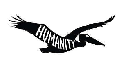Obraz premium Black pelican silhouette with 'HUMANITY' text vector illustration