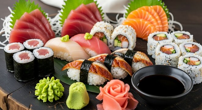 Variety of sushi and sashimi platter.