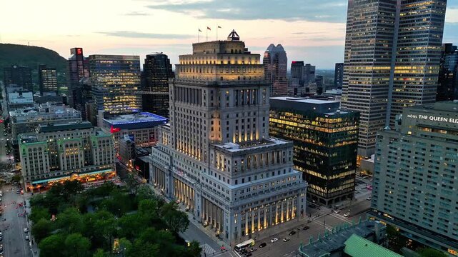 Aerial view of downtown Montreal at blue hour featuring Sun Life Building and city skyline, Quebec, Canada