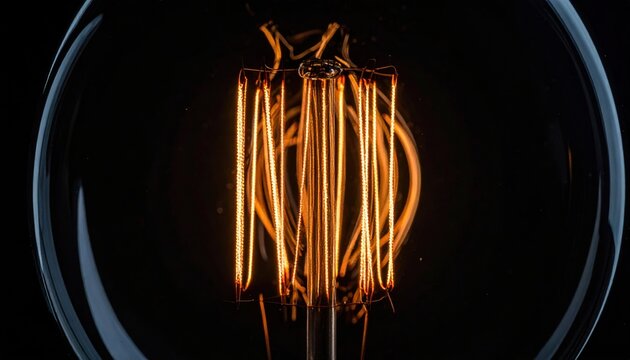 A magnified, intricate tungsten filament coil, glowing brightly from an incandescent light bulb with its casing removed, radiating warmth and classic engineering.