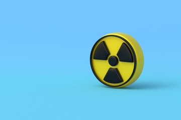 Nuclear sign on blue background. Radioactive hazard symbol. Danger zone. Environmental pollution. Chemical waste. Copy space. 3d render © OlekStock
