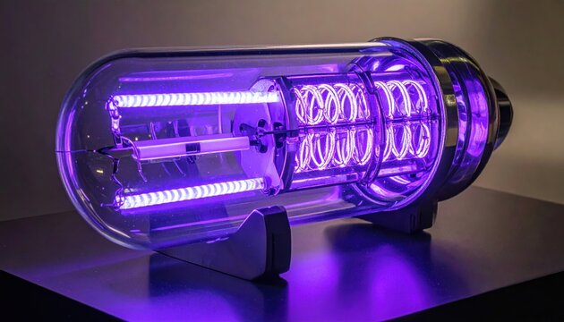 Detailed view of a partially illuminated krypton gas discharge tube emitting a vibrant purple glow, reflecting advanced scientific innovation, energy, and plasma physics research.