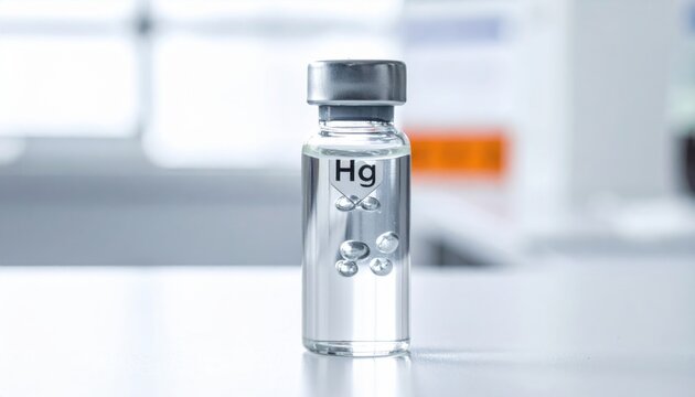 Clear glass vial with silvery liquid mercury displaying its chemical symbol Hg, sitting on a surface in a scientific laboratory setting.