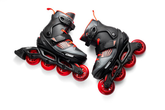 Black And Red Inline Roller Skates With Red Wheels For Fitness And Fun Adventure Outdoor, Roller blades isolated on white background