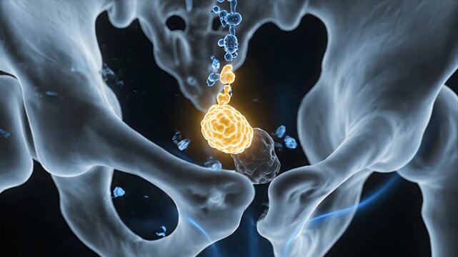 Abdominal Lymph Nodes Displayed in a 3D Medical Animation of the Pelvic Area for Educational Purposes on a Dark Blue Background Emphasizing Lymphatic System Functions and Immune Responses