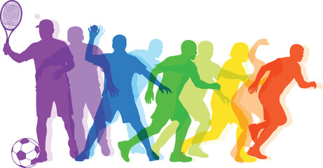 Obraz premium Colorful silhouette of diverse athletes playing sports including tennis, soccer, running and teamwork concept with dynamic motion rainbow overlay