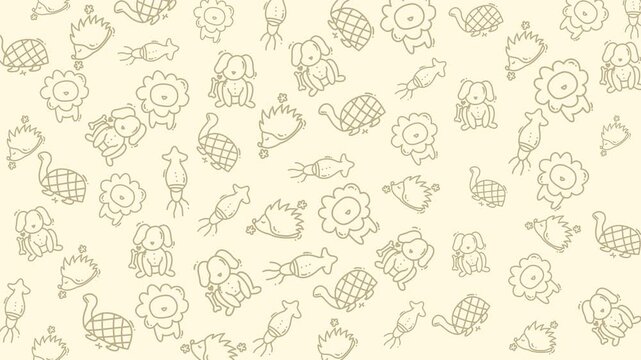 Seamless animal pattern handdrawn dogs turtles lions squids and hedgehogs create a flowing unified design.