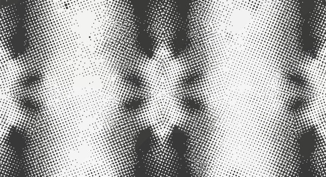 Abstract seamless black and white halftone pattern with distressed texture, featuring varying dot density and diagonal geometric layout, high-contrast grainy effect for background.