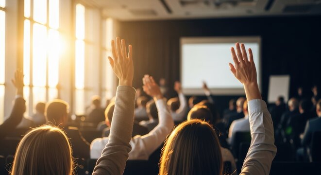 Audience of adults raising hands during a business seminar or corporate training in a bright sunny conference room
