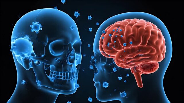 Abstract 3D CGI Visualization of Neurological Activity with Glowing Neural Networks in a Blue Human Head Silhouette Against a Dark Background for Medical Education