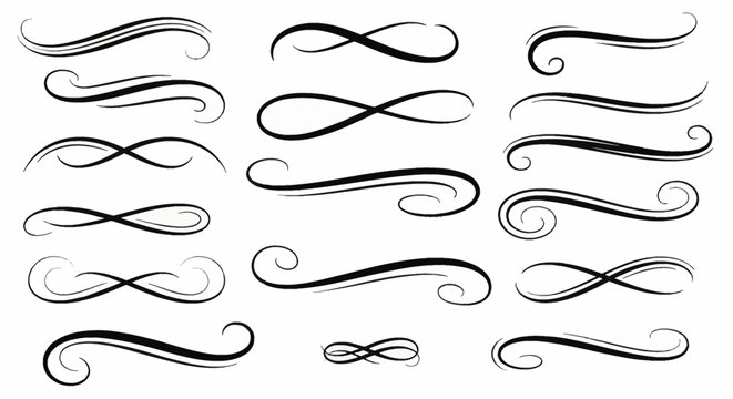 Collection of black calligraphic swooshes, decorative swirls, and elegant line dividers on white. Includes hand-drawn flourishes, curly ornaments, and filigree scroll elements for decor.
