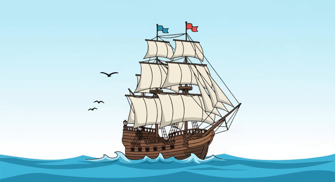 Detailed vector illustration of a vintage wooden sailing ship with multiple masts and white sails cruising on blue ocean waves under a light sky with flying seagulls and flags.