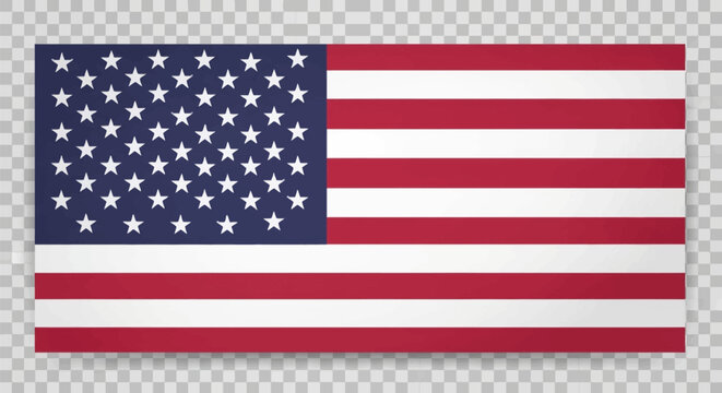 Realistic vector illustration of the national flag of the United States of America featuring fifty white stars and thirteen red and white stripes isolated on a transparent background.
