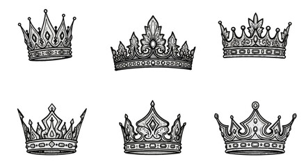 Six hand-drawn vintage royal crowns in a black and white vector engraving style. Ornate monarch tiaras with detailed filigree, jewels, and heraldic symbols isolated on a white background. © Suminah
