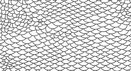 Hand-drawn black and white seamless pattern of overlapping scales forming a repetitive texture resembling dragon skin, fish scales, or mermaid armor on a clean white background. © Suminah