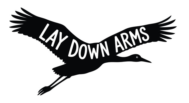 Black vector illustration of a flying bird with 'Lay Down Arms' text